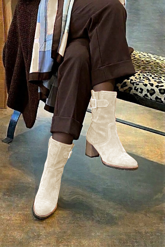 Women's cream side-buckle ankle boots with round toe and mid block heel - Top view